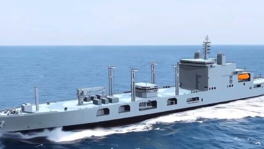 The image shows a rendering of a new fleet support ship being built for the Indian Navy.