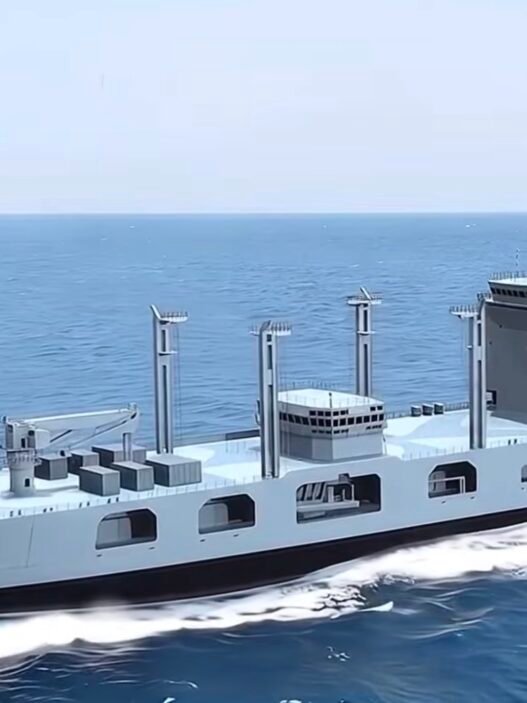 The image shows a rendering of a new fleet support ship being built for the Indian Navy.